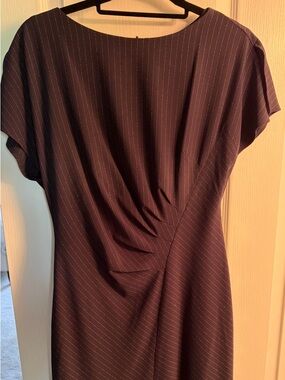 Tahari Navy Pinstripe Dress with Draped Waist